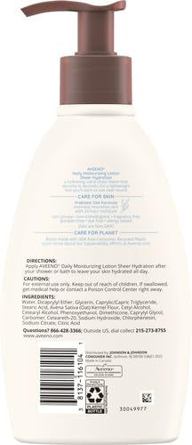 Aveeno Sheer Hydration Daily Moisturizing Fragrance-Free Lotion with Nourishing Prebiotic Oat, Fast-Absorbing Body Moisturizer for Dry Skin with Lightweight, Breathable Feel, 12 fl. oz (Pack of 2)
