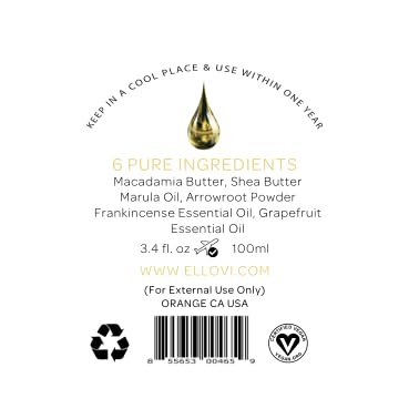 Ellovi All-Natural Body Butter - The Cleopatra - Pure Enough to Eat - Made With Just 6 Vegan Ingredients - Ultra-Rich 100% Plant-Based Moisturizer For Naturally Healthy Skin (3.4 fl. oz/100ml)
