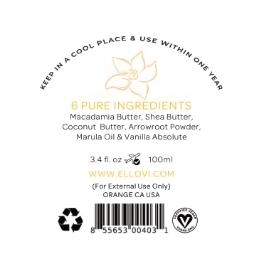Ellovi All-Natural Body Butter - Vanilla - Pure Enough to Eat - Made With Just 6 Vegan Ingredients - Ultra-Rich 100% Plant-Based Hydrating Moisturizer For Naturally Healthy Skin (3.4 fl. oz/100ml)