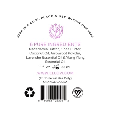 Ellovi All-Natural Body Butter - Lavender - Pure Enough to Eat - Made With Just 6 Vegan Ingredients - Ultra-Rich 100% Plant-Based Hydrating Moisturizer For Naturally Healthy Skin (1 fl. oz/33ml)