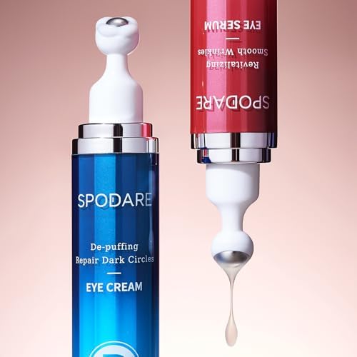 SPODARE Caffeine & Retinol Eye Serum for Dark Circles, Puffiness and Wrinkles, Under Eye Cream with Hyaluronic Acid, Niacinamide & Peptides, Roller Serum with 360°Massage Ball - 0.5 fl. oz