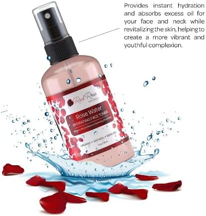 Red Rose Naturals Rosewater Toner, 100% Natural Hydrating Rose Water for Hair and Face, Gentle Formula, Suitable Sensitive Skin, Alcohol Free 4 oz. Spray Bottle
