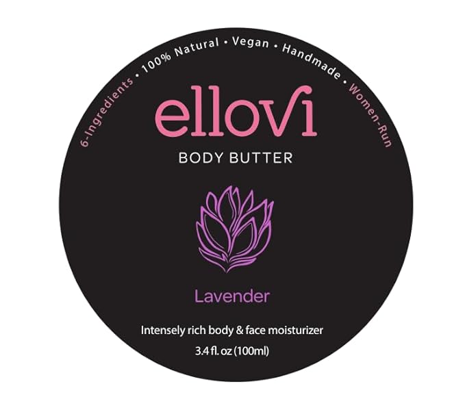 Ellovi All-Natural Body Butter - Lavender - Pure Enough to Eat - Made With Just 6 Vegan Ingredients - Ultra-Rich 100% Plant-Based Hydrating Moisturizer For Naturally Healthy Skin (3.4 fl. oz/100ml)