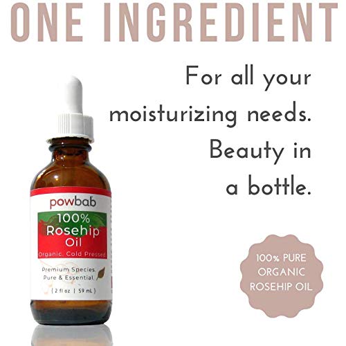 powbab 100% Rosehip Oil - Organic, Cold Pressed from Premium Rosa Rubiginosa Rosehip Seed. Face and Body Oil for Skin, Hair, Nail Repair. Raw Pure E Oil for Scars. Wild, Fair Trade - 2 oz.