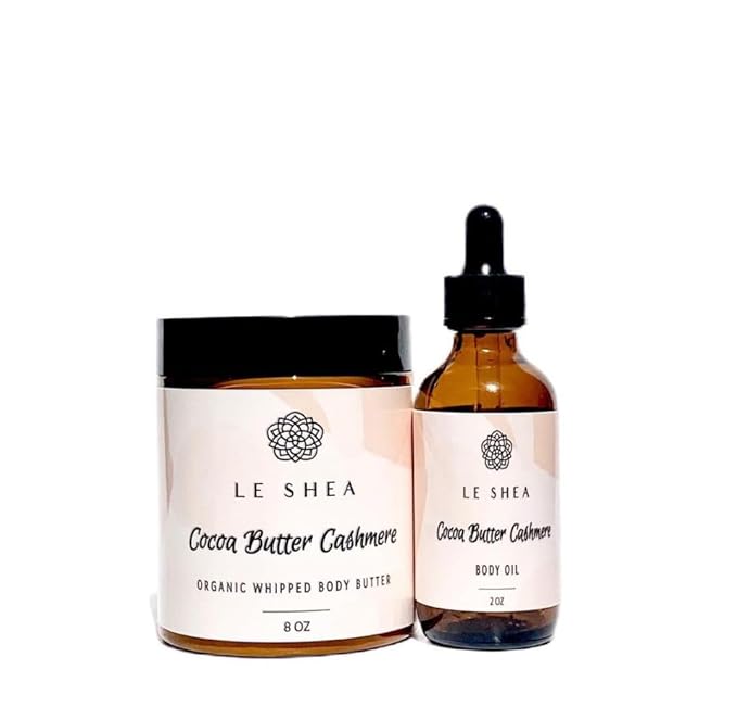 LE SHEA Cocoa Butter Cashmere Body Butter, Vegan Skin Cream Moisturizer, Shea Butter, Mango, Vitamin E Oil Hydrating Skin Plant Based Care Thick Lotion for Dry Sensitive Dry Cracked Hands Feet 8 oz