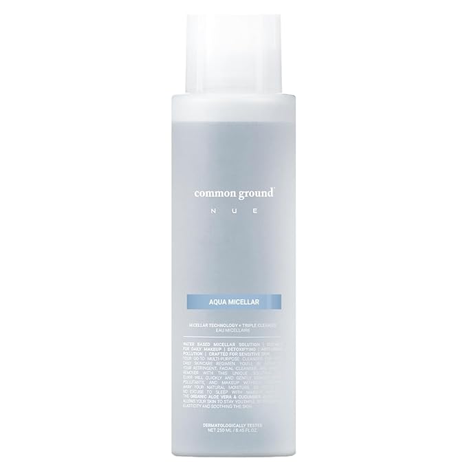 COMMON GROUND NUE Aqua Micellar Water Makeup Remover 3-in-1 Cleanser, Astringent, Makeup Remover, Non-Greasy, No-Rinse, Hydrating, Plant-Based, Organic Aloe Vera & Cucumber, 8.4 Fl Oz