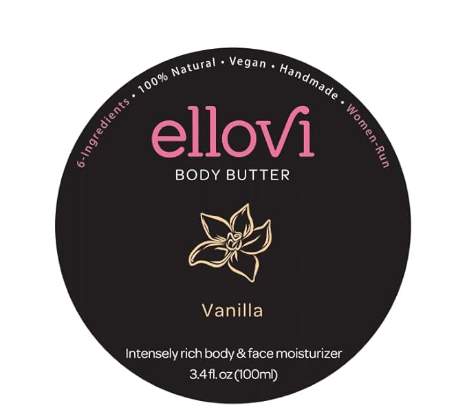 Ellovi All-Natural Body Butter - Vanilla - Pure Enough to Eat - Made With Just 6 Vegan Ingredients - Ultra-Rich 100% Plant-Based Hydrating Moisturizer For Naturally Healthy Skin (3.4 fl. oz/100ml)
