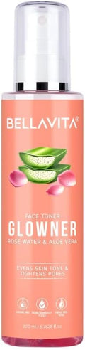 Bella...Vita Organic Glowner Face Toner, Alcohol Free, Rose Water 200ml Pore Minimizing Tightening Natural Toner Spray for Glowing Skin - All Skin Types