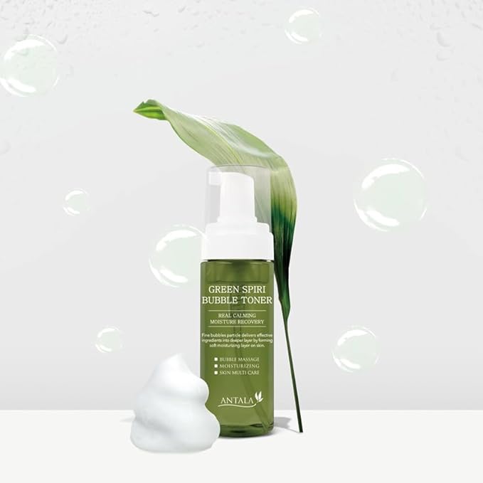 ANTALA Green Spiri Korean Skincare Bubble Toner 5.41oz, Low pH Hydrating Facial Toner with EGF and Spirulina, Carbonated Foam, Moisturizing Pore Care for Sensitive and Dry Skin