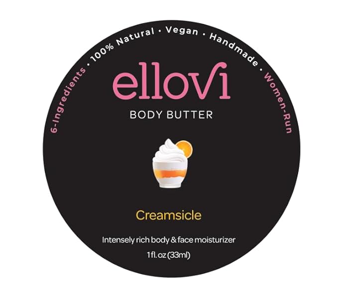Ellovi All-Natural Body Butter - Creamsicle - Pure Enough to Eat - Made With Just 6 Vegan Ingredients - Ultra-Rich 100% Plant-Based Hydrating Moisturizer For Naturally Healthy Skin (1 fl. oz/33ml)