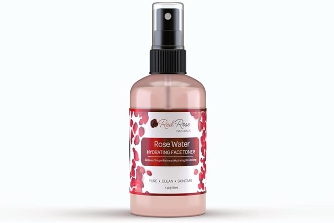 Red Rose Naturals Rosewater Toner, 100% Natural Hydrating Rose Water for Hair and Face, Gentle Formula, Suitable Sensitive Skin, Alcohol Free 4 oz. Spray Bottle