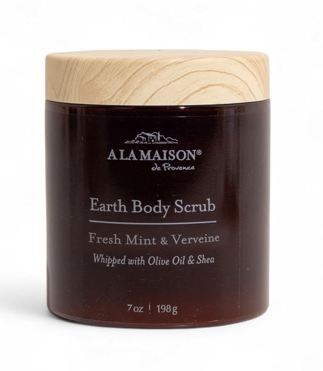 A LA MAISON Earth Body Scrub – Fresh Mint & Verveine – Natural Pumice Scrub with Shea Butter & Olive Oil – Gently Exfoliates & Softens Skin – French Formula – Plant-Based – 7 oz – Amber Collection