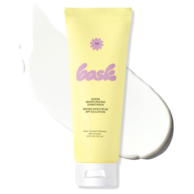 Bask Suncare SPF 50 Sheer Moisturizing Sunscreen Lotion - Broad Spectrum UVA/UVB Protection, Dermatologist Recommended, Hydrating, Lightweight & Non-Greasy, No White Cast, Travel Size, 3.4 fl oz