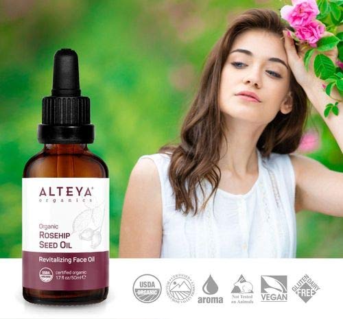 Alteya Rosehip Seed Oil USDA Certified Organic Face Oil, 1.7 Fl Oz/50mL Glass Bottles with Pipette, All-Natural Moisturizer