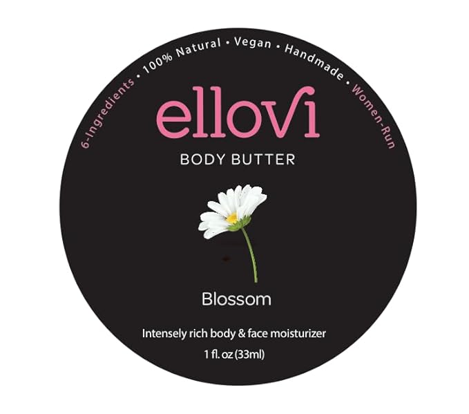 Ellovi All-Natural Body Butter - Blossom - Pure Enough to Eat - Made With Just 6 Vegan Ingredients - Ultra-Rich 100% Plant-Based Hydrating Moisturizer For Naturally Healthy Skin (1 fl. oz/33ml)