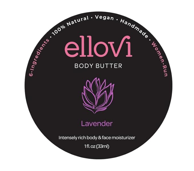 Ellovi All-Natural Body Butter - Lavender - Pure Enough to Eat - Made With Just 6 Vegan Ingredients - Ultra-Rich 100% Plant-Based Hydrating Moisturizer For Naturally Healthy Skin (1 fl. oz/33ml)