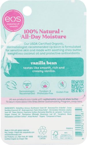 eos 100% Natural & Organic Lip Balm Stick- Vanilla Bean, Dermatologist Recommended for Sensitive Skin | All-Day Moisture Lip Care Products | 0.14 oz (Pack of 2)