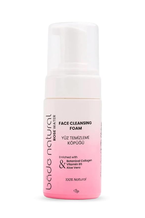 Bade Natural Rosewater Foaming Facial Cleanser – Gentle Vegan Face & Plant-Based Collagen – Hydrating for All Skin Types – 3.4 fl oz (100 ml)