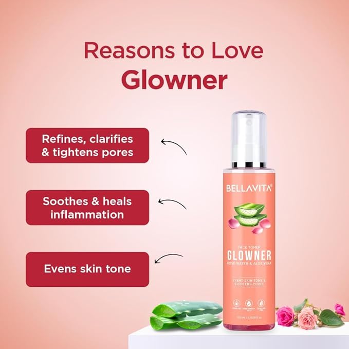 Bella Vita Organic Glowner Face Toner, Alcohol Free, Rose Water 200ml Pore Minimizing Tightening Natural Toner Spray for Glowing Skin - All Skin Types
