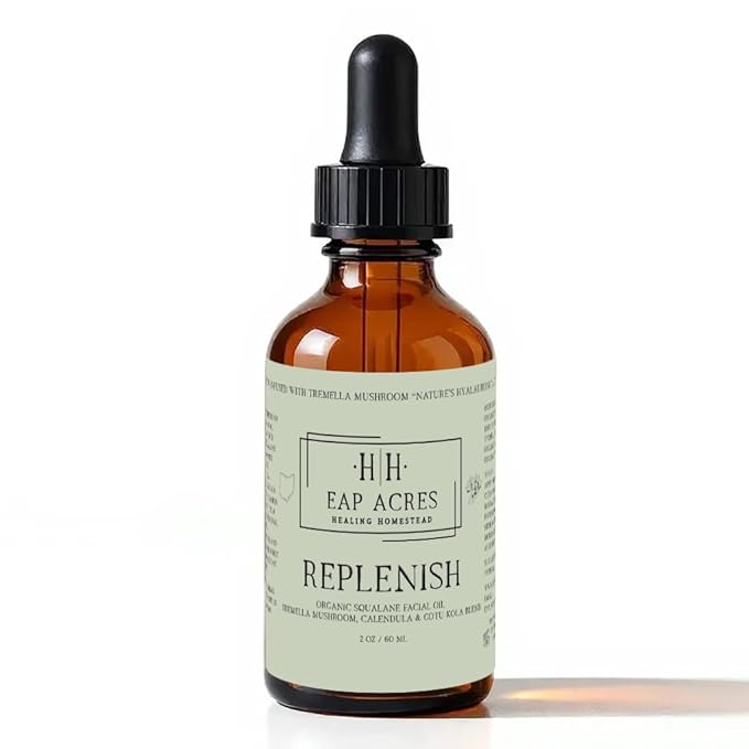 Organic Facial Oil for Dry, Sensitive, Mature skin–Organic Squalane oil Infused with Organic Tremella Mushroom/Calendula/Gotu Kola–Lightweight, Hydrating, Gentle, Soothing, Nourishing (REPLENISH)
