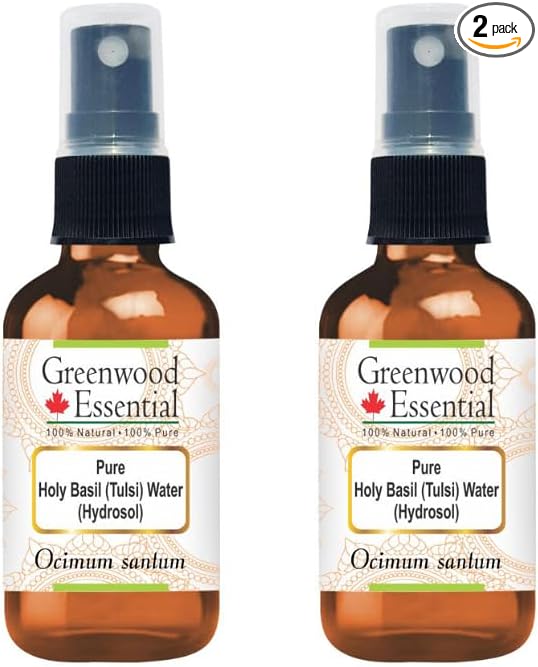 Greenwood Essential Pure Holy Basil (Tulsi) Floral Water (Hydrosol) (Ocimum santum) (Pack of Two) 50ml X 2 (3.38 oz)