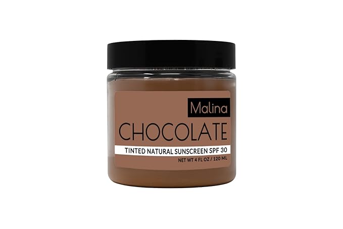 Malina™ Organic Chocolate Tinted Natural Sunscreen | SPF 30+ | Nontoxic | Reef-Safe | No Preservatives | No Synthetic Fragrance | 3 Shades | With Non-Nano Zinc-Oxide (4 Fl Oz, Dark)