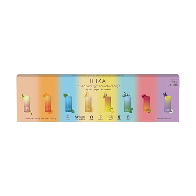 ILIKA 100% Natural Lip Balm - Organic, Plastic-free, Vegan, Cruelty-Free, Vitamin E, COSMOS Certified Organic, PETA Certified Vegan, 8-Pack Assorted Collection, 0.15 oz