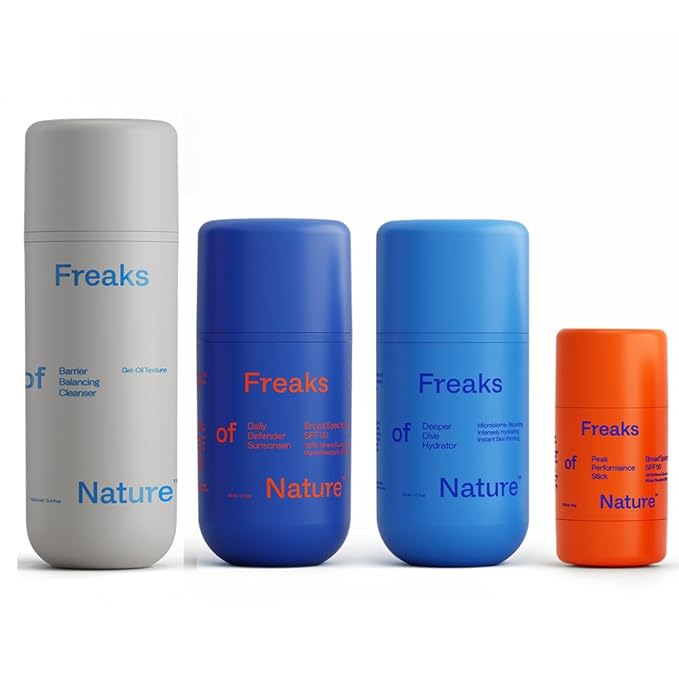 Freak Gift Bundle | Deeper Dive Moisturizer Serum, Peak Performance SPF 50 SunStick, Daily Defender SPF 30 & Barrier Balancing Cleanser | Eco-Friendly, Reef-Safe, Cruelty-Free | All Skin Types