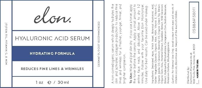 Elon Hyaluronic Acid Serum for Face & Neck - Revitalizing Daily Facial Serum Vitamin C and Hyaluronic Acid, E & Jojoba Oil - Promotes Deep Hydration & Collagen Production - Suitable for all Skin Types