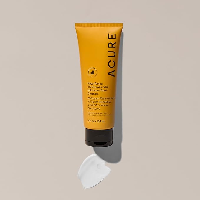 Acure Resurfacing 1% Glycolic Acid & Unicorn Root Cleanser - Exfoliating Face Wash, Glycolic Acid Cleanser for Face, Brightening Anti Aging Cream to Foam Facial Cleanser, Sulfate Free, Vegan - 4 fl oz