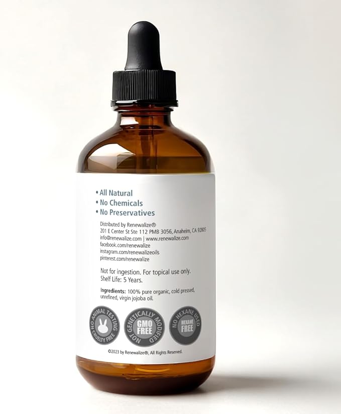 ORGANIC JOJOBA OIL - Cold Pressed, Unrefined in 4 oz Dark Glass Bottle with Dropper | An essential daily or night time moisturizer for face, skin, nails, lips, beard & hair