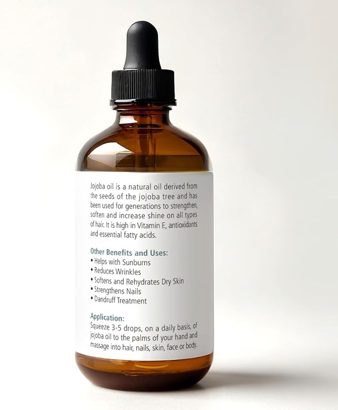 ORGANIC JOJOBA OIL - Cold Pressed, Unrefined in 4 oz Dark Glass Bottle with Dropper | An essential daily or night time moisturizer for face, skin, nails, lips, beard & hair