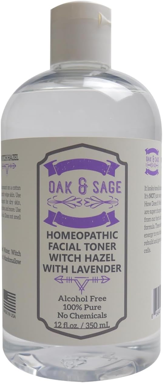 Oak & Sage Homeopathic Facial Toner Witch Hazel with Lavender - Unscented - 12oz Astringent, 100% Pure, No Alcohol, No Additives