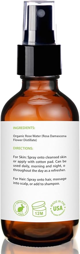 Rose Water Spray for Face - Facial Toner & Hair Mist - USDA Certified Organic - 100% Pure & Alcohol Free - 4 Oz