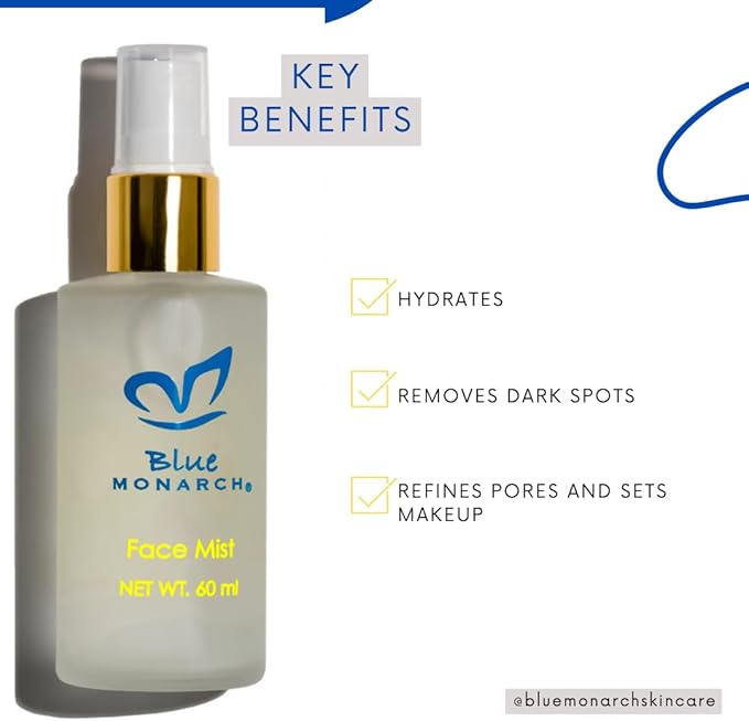 Blue Monarch Skincare Face Mist, Hydrates, Refine Pores, Removes Dark Spots and Skin Damage and Sets Makeup| Alcohol-Free, All-Natural Ingredients| Vegan| Cruelty-Free| Sustainably Made| 60ml (2oz)