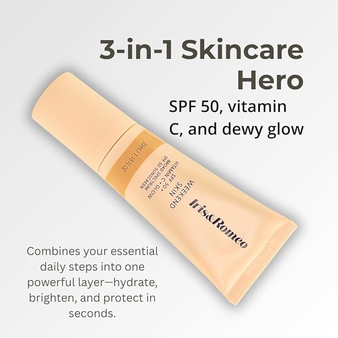 IRIS&ROMEO Weekend Skin SPF 50 Instant Glow Tinted Mineral Sunscreen with Vitamin C + Niacinamide Full Size 1.18 Oz - Universal Glow (Sheer Luminosity)