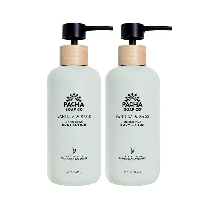 Pacha Soap Co. Body Lotion - Vanilla & Sage, Hydrating & Nourishing Formula with Clean Ingredients and Essential Oils, Dye Free, SLS Free, Paraben Free, Made in the USA, 2-Pack (16 fl oz Each)