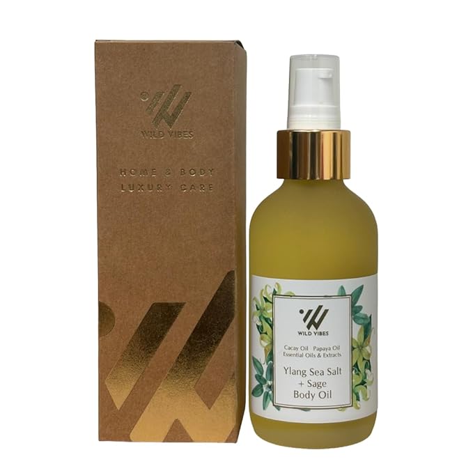 Wild Vibes Ylang Sea Salt + Sage Body & Massage Oil - Hydrating Jojoba, Papaya Seed Oil, Vitamin E, Lupine Seed Extract for Collagen production – Nourishing Oil for all skin types 4oz