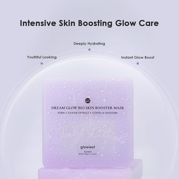 glowiest Dream Glow Bio Skin Booster Sheet Mask (30 Count) – PDRN, Caviar Extract & Centella Exosome, Daily Hydrating & Radiance Boost Mask, Korean Skincare (PDRN + Caviar Extract + Centella Exosome)