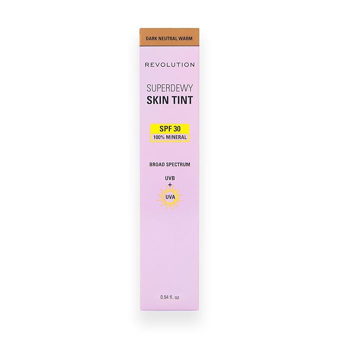 Revolution Superdewy SPF 30 Skin Tint, Tinted Mineral Face Foundation, Buildable Coverage for Facial Glow, 12% Zinc Oxide, Vegan & Cruelty-Free, Dark Neutral Warm