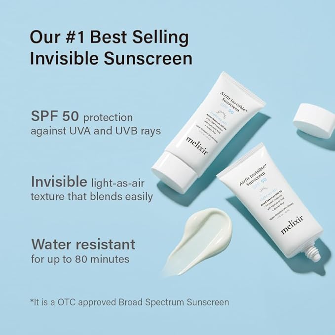 Melixir Airfit Invisible™ Sunscreen SPF 50, Broad Spectrum Korean Rice Sunscreen for Face, Hyaluronic Acid, Moisturizing Daily Protection for Sensitive Skin, No White Cast, Waterproof (1.7fl.oz./50ml)