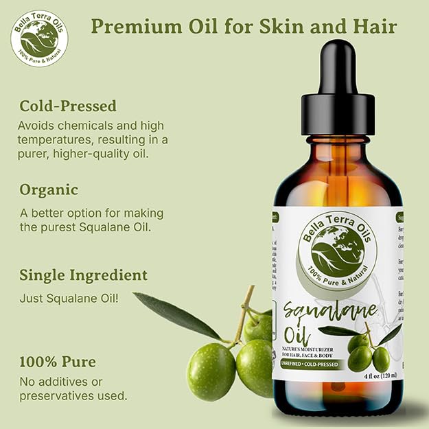 Bella Terra Oils - Organic Squalane Oil 16 oz - Pure Organic Squalanes Extract, Enriched with E-Vitamins & Omega Fatty Acids, Elevate Your Skin Care Regimen