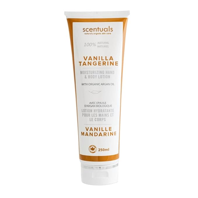Hand & Body Cream Scented with Essential Oil Vanilla Tangerine, Made with Organic Argan Oil, Olive Oil, Aloe Juice, for Dry Skin, Cruelty Free, Natural Skin Care Products, 250 ml, 8.45 fl.oz