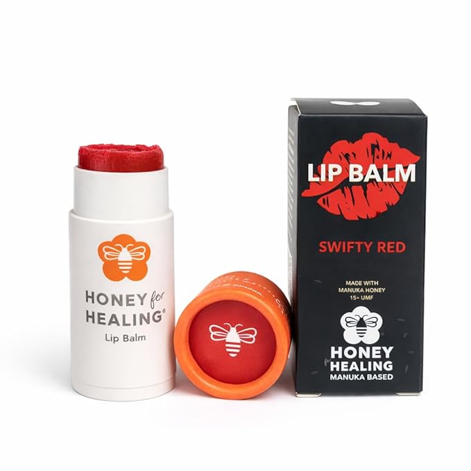 Manuka Honey Lip Balm 15+ UMF – Ultra-Hydrating Formula with Beeswax, Castor Oil & Organic Coconut Oil | 12+ Hour Moisture | Eco-Friendly Recyclable Tube | 0.25 oz / 7 g (Swifty Red)