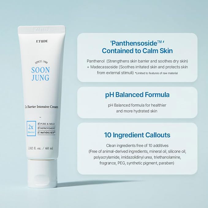 ETUDE SoonJung 2x Intensive Cream for Barrier Repair, Rich Moist, Madecassoside & Panthenol for Soothing, Face Moisturizer for Sensitive Skin, pH Balanced, Hypoallergenic, Korean Skin Care,2.02 Fl Oz