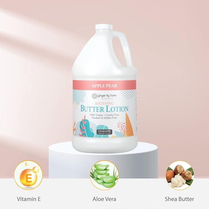 Ginger Lily Farms Botanicals Soothing Butter Lotion for Dry Skin, 100% Vegan & Cruelty-Free, Apple Pear Scent, 1 Gallon Refill (128 fl oz)