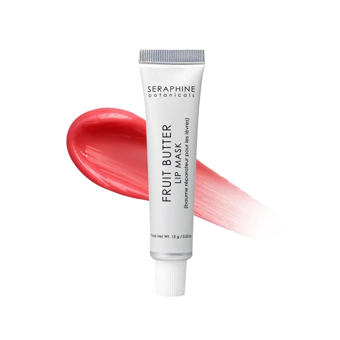 Seraphine Botanicals Fruit Butter Restorative Lip Mask Overnight Gel Balm with Shea Butter, Apricot Kernel & Jojoba Seed Oil – Vegan, Paraben-Free, Dewy Finish, Soft Tint 0.51oz (Just Bitten)