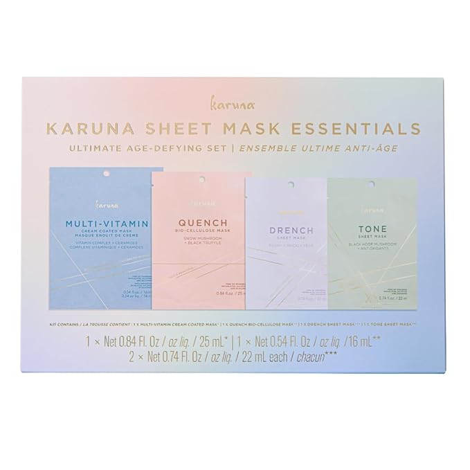 Karuna Ultimate Age-Defying Sheet Mask Essentials Set | 4 Pack – Drench, Tone, Multi-Vitamin & Quench | Free of Parabens, Phthalates & Sulfates | 2.86 OZ