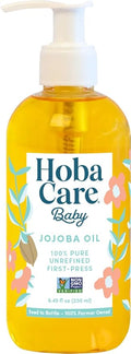 HobaCare Jojoba Baby Oil with Pump Dispenser – 100% Pure Natural Unrefined Unscented Hexane Free Cold Pressed Jojoba Oil for Baby Hair, Infant Skin, Scalp Moisturizing, Body Care Shower Gift (8.45 oz)
