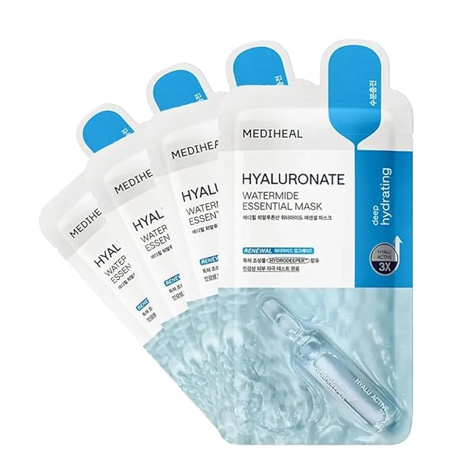 Mediheal Best Korean Hyaluronate Watermide Essential Face Mask - Hydrating and Moisturizing Sheet Masks With Hyalu Active 3x For All Skin Types (4 Count) (Pack of 2)